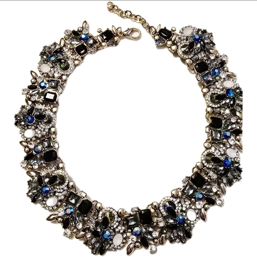 vintage 90s y2k blue black rhinestone collar choker Bling statement necklace